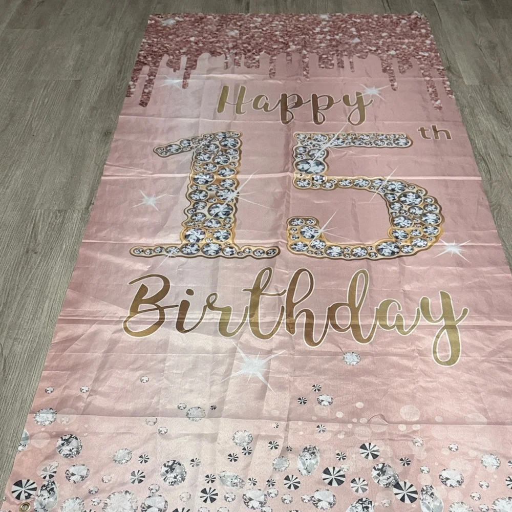 ***2/$15*** Pink and Gold Happy 15th Birthday Banner